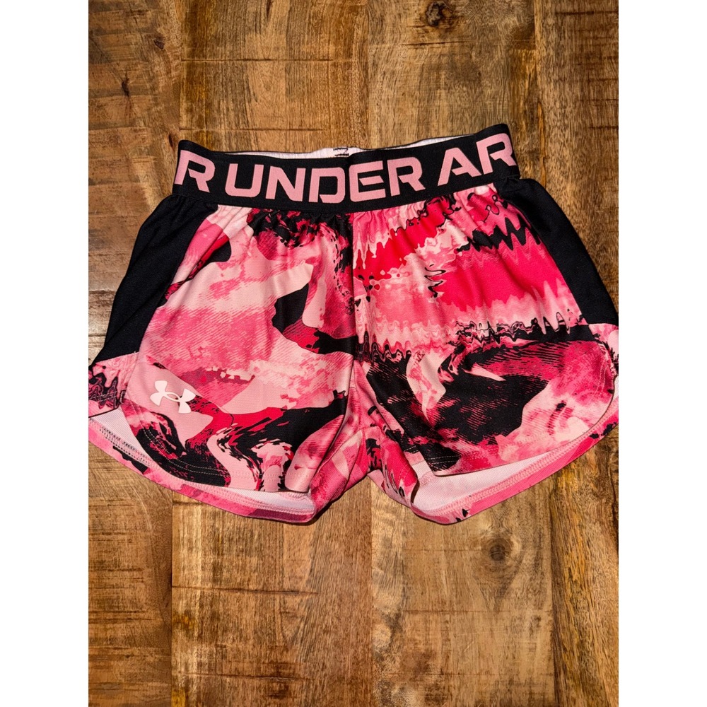 Under Armour Girls Pink Black Marble Athletic Shorts YXS Loose Fit Performance